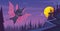 Bat background. Scary flying wild animal in night landscape exact vector cartoon illustrations of bat mouse mascot