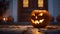 Bat Eyes carved into a glowing Pumpkin standing on a Doorstep. Scary Halloween Backdrop