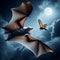 Bat flies through moonlight night sky hunting moths