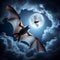 Bat flies through moonlight night sky hunting moths