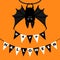 Bat hanging. Bunting flags pack letters. Flag garland. Happy Halloween paper card. Cute cartoon character Big wing, ears. Black si