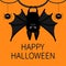 Bat hanging. Spider dash line web. Happy Halloween card. Cute cartoon character with big wing, ears and legs. Black