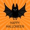 Bat Happy Halloween. Cute cartoon character with big open wings. Black silhouette. Flat design. Orange starburst background. Greet