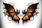 a bat with ornate wings and a demon like face on it\\\'s back side, with intricate filigrees and scroll