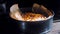 Batat sweet potato cake. Potato and ham and parmesan recipe. Freshly made food is illuminated by the sun's rays