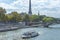 Bateau mouche on the Seine river with view of Eiffel tower