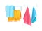 Bath accessories cartoon set. Bath towels. Clothes dryer, hanging color cloth towels. Towel bath for hygiene for bathroom kitchens