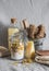 Bath accessories - homemade sea salt with calendula, natural shampoo, brush, washcloth, pumice, homemade oat soap. Health, beauty