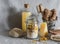 Bath accessories - homemade sea salt with calendula, natural shampoo, brush, washcloth, pumice, homemade oat soap. Health, beauty