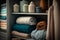 bath accessories towels shampoos and cosmetic in the closet bottle illustration Generative AI