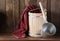 Bath accessories: wooden bucket and ladle.