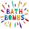 Bath bombs. Multicolored inscription and drops, splash.