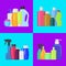 Bath bottles banner vector illustration. Plastic containers bottles, tubes and jars for cream, body lotion, shampoo and