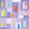 Bath bottles banner vector illustration. Plastic containers bottles, tubes and jars for cream, body lotion, shampoo and