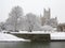 Bath England. Snow scene, cathedral and canal