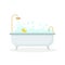 Bath full of foam with bubbles isolated on background. Bathroom interior. Shower taps, bathtub, rubber duck.