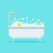 Bath full of foam with bubbles isolated on background. Bathroom interior. Shower taps, bathtub, rubber duck.