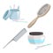 Bath and health care cartoon simple gradient icons set. Metal hair comb, cotton sticks, hair or face cream, wooden hair brush for