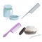 Bath and health care cartoon simple gradient icons set. Metal and plastic hair comb, cotton sticks and hair or face cream.