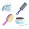 Bath and health care cartoon simple gradient icons set. Plastic pink and blue cylinder for styling hair brushes, cotton sticks and