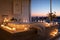 A bath room with a bath tub filled with candles