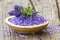 Bath salt, lavender flowers and rosemary