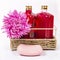 Bath salt, soap and shampoo in pink and violet color