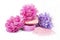 Bath salt, soap and shampoo in pink and violet color