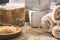 Bath salt, towels and soaps on a wooden background