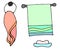 Bath set, colorful towels. Hand drawn doodle background