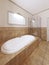 Bath with shower in the classic bathroom interior in orange colors