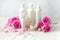 Bath and spa with rose flowers .Spa beauty products for body and face home skin care