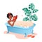 Bath time flat vector illustration, cartoon happy young woman character lying in bathtub, relaxing in bathroom at home