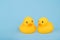 Bath yellow rubber ducks on blue background
