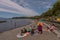 Bathers on the beach of Puyehue Lake in the municipality of Puyehue, Chile