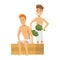 Bathhouse or banya procedure. Vector flat people. Activity for wellness and recreation. People Enjoying Sauna Procedures