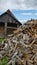 Bathhouse. In foreground is woodpile of birch firewood