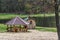 Bathhouse and gazebo on the shore near the forest lake