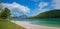 bathing beach lake Walchensee, mountain view bavarian landscape. blue sky with clouds