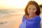 Bathing beach woman with towel happy portrait