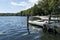 Bathing bridge by a lake near Silkeborg, Beautiful blue water with forest in the background