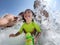 Bathing family with a small kid on the beach