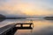 Bathing jetty at the lake Schaalsee during sunrise in Seedorf, Germany