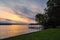 Bathing jetty at the lake Schaalsee during sunrise in Seedorf, Germany