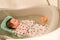 Bathing a newborn at home. A picture of a newborn baby from the first bathroom