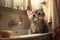 Bathing a pet. Delightfully cute cat sitting in the bathroom
