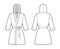 Bathrobe hooded Dressing gown technical fashion illustration with wrap opening, mini length, tie, pocket, elbow sleeves