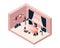 Bathrom luxury scene with bathtub full of water, large window and candles. Isometric interior in pink and black