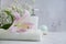 Bathroom accessories,  clean flower on marble background cosmetic