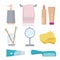 Bathroom accessories. Personal hygiene items toothbrush paste sponge towel gel soap vector cartoon set